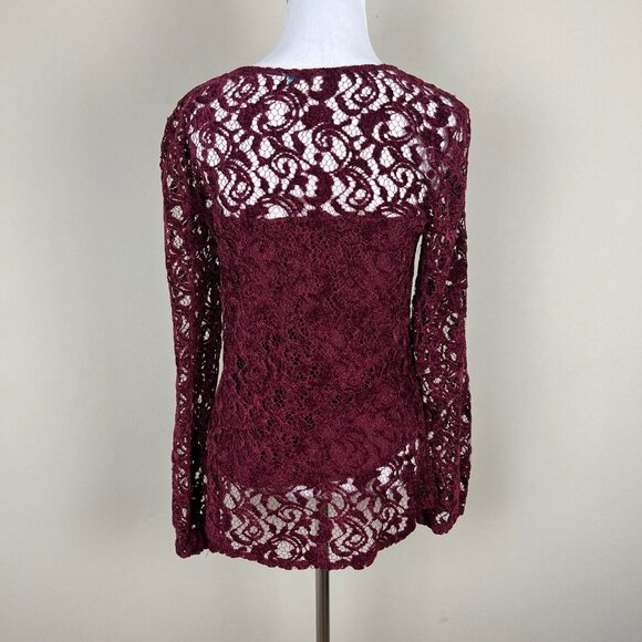 Sundance‎ Blouse Top Womens XS Burgundy Velvet Lace Sheer Floral Long Sleeve - Picture 6 of 9